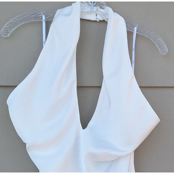 Lulus White Satin Slip Dress Halter Criss Cross Neckline Side Slit Low Back Sz L - Picture 8 of 12